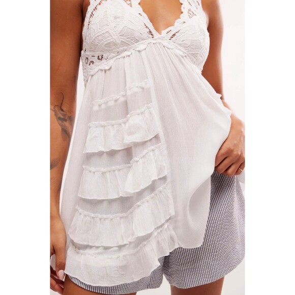 Free People One Adella Halter Slip Dress Mini White Lace Ruffles Tiered Boho - Picture 4 of 5